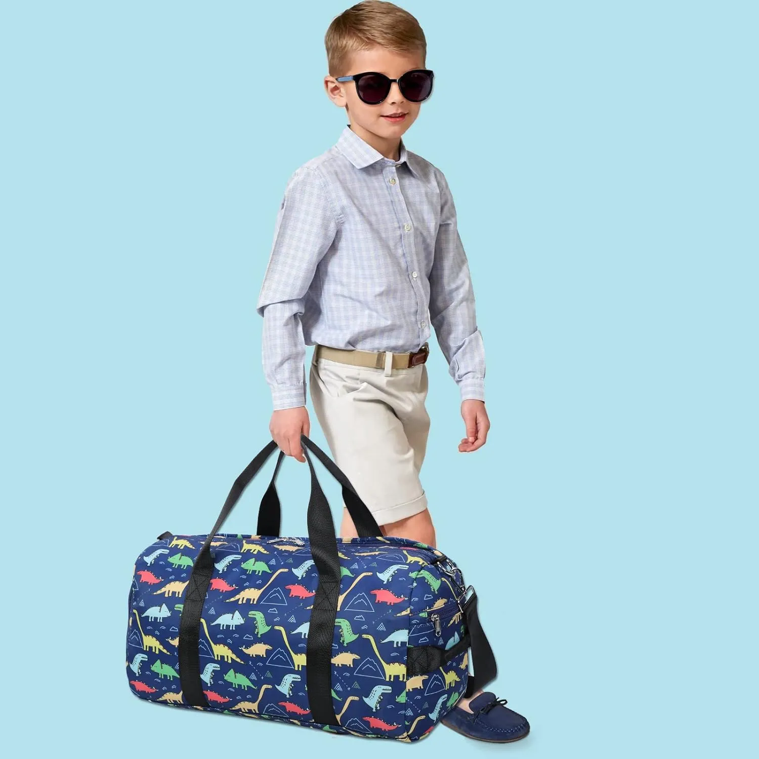 CAMTOP Kids Overnight Duffel Bag for Boys and Girls Carry-On Size Tote for Travel Gym Sport (Navy Dinosaur) 18.1"L* 9.1" H* 8.7"W