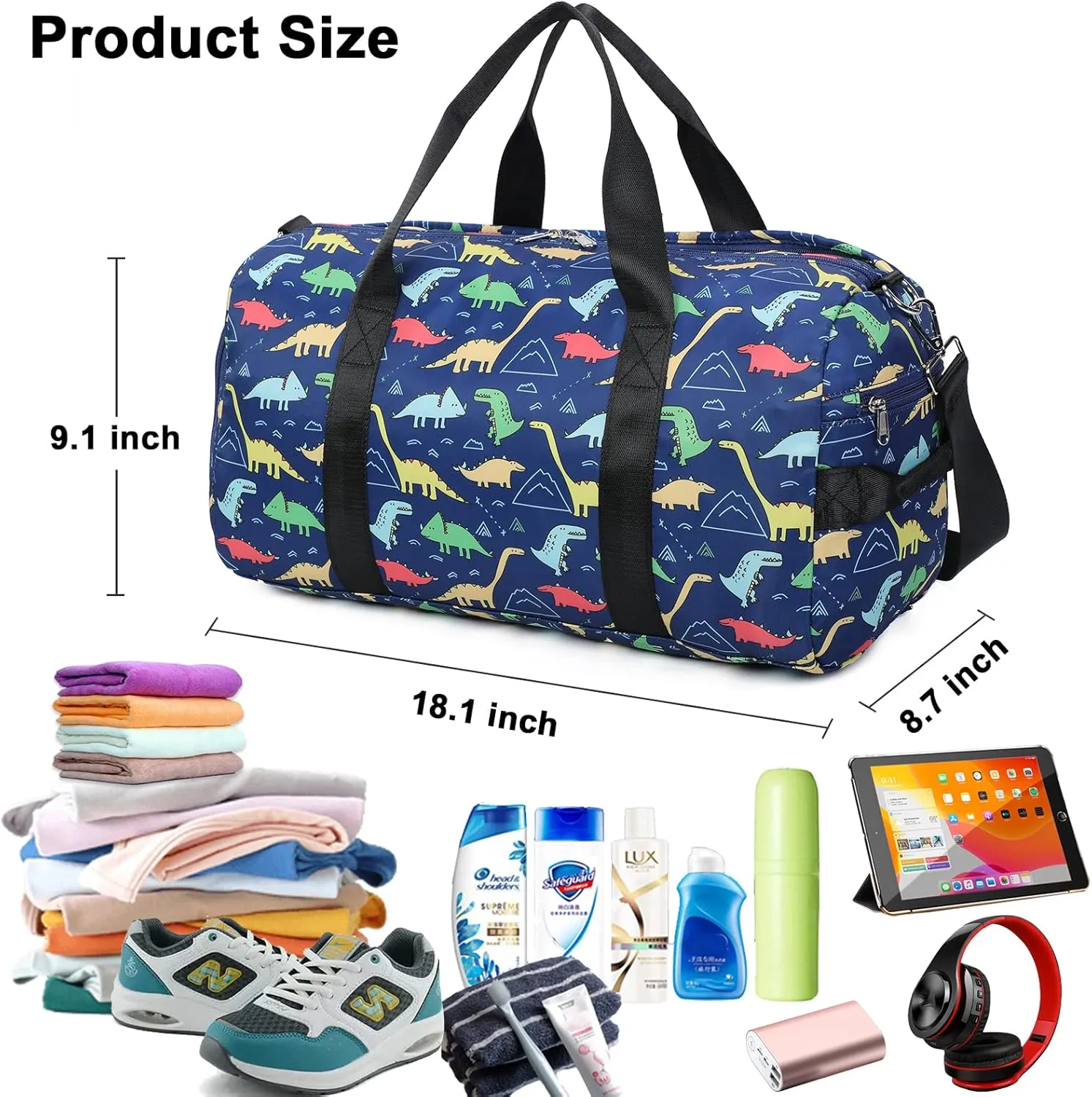CAMTOP Kids Overnight Duffel Bag for Boys and Girls Carry-On Size Tote for Travel Gym Sport (Navy Dinosaur) 18.1"L* 9.1" H* 8.7"W