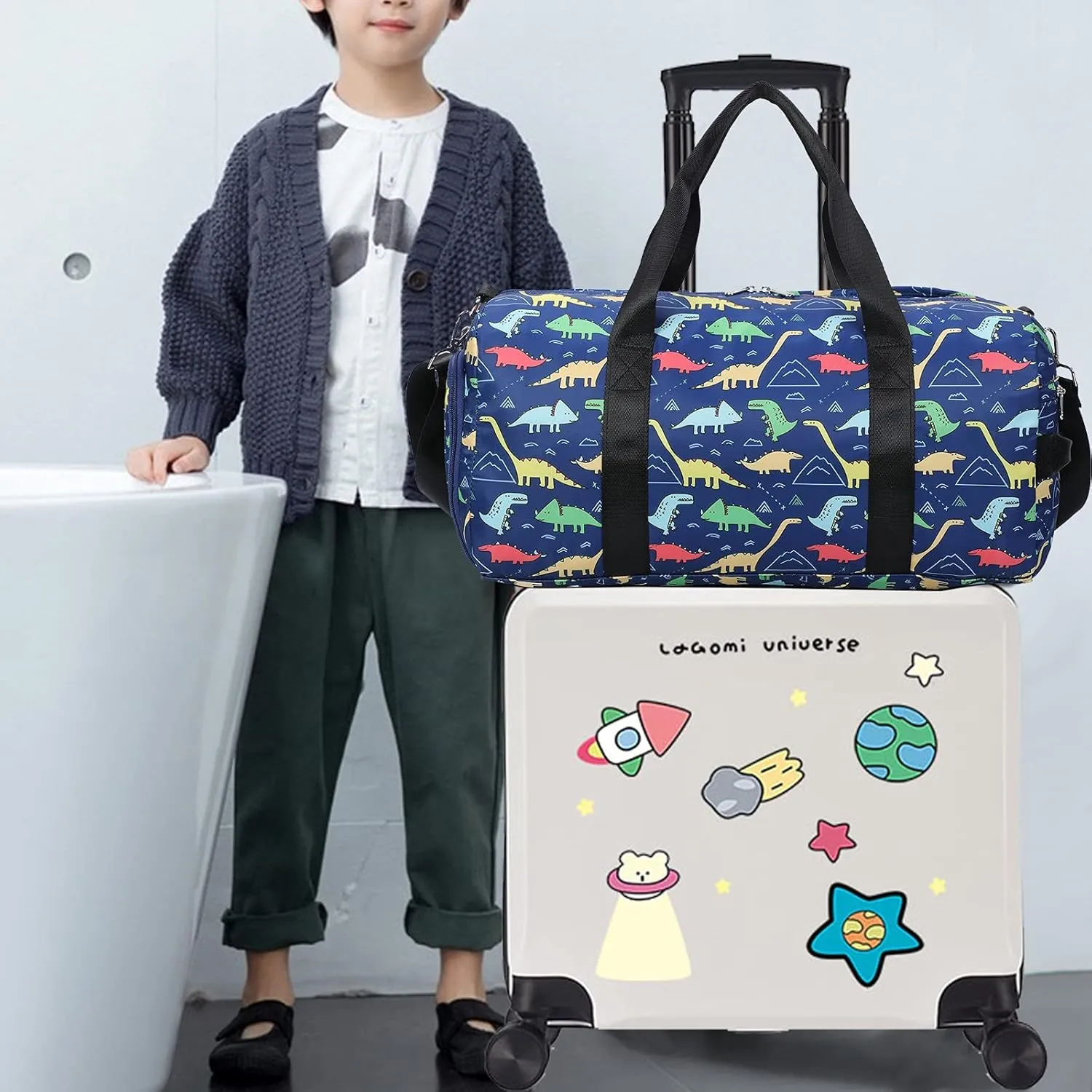 CAMTOP Kids Overnight Duffel Bag for Boys and Girls Carry-On Size Tote for Travel Gym Sport (Navy Dinosaur) 18.1"L* 9.1" H* 8.7"W