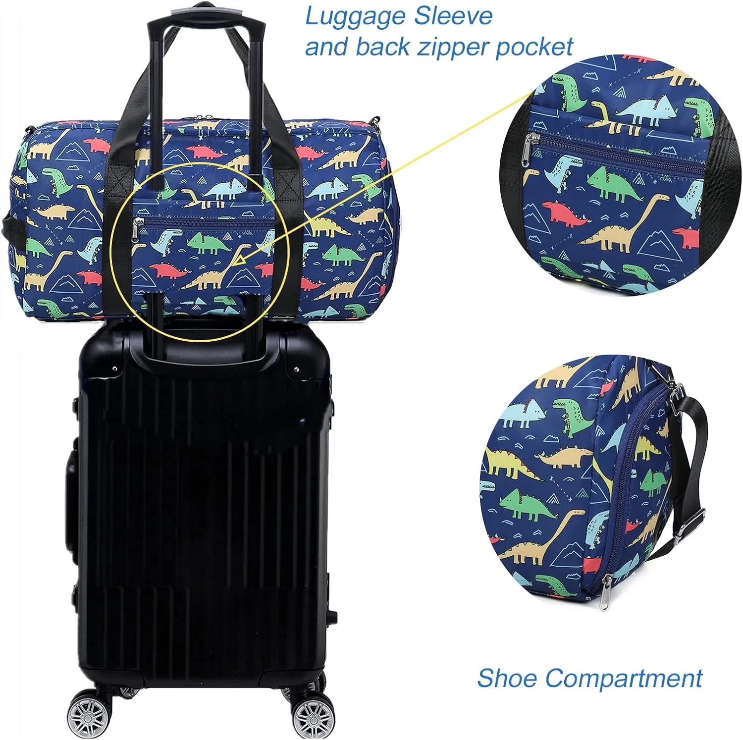 CAMTOP Kids Overnight Duffel Bag for Boys and Girls Carry-On Size Tote for Travel Gym Sport (Navy Dinosaur) 18.1"L* 9.1" H* 8.7"W