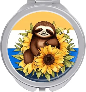Cartoon Sloth Sitting on Sunflower Portable Makeup Mirror, Sided Travel Hand Mirror Mini Folding Mirror for Precise Makeup Women Daily Use