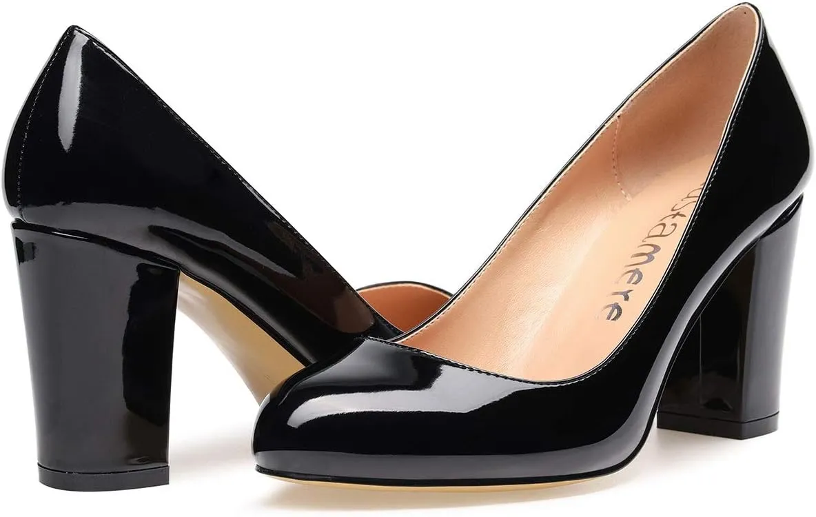 Castamere Women's High Heels Round Toe Slip-On Pumps Block Heel 8CM