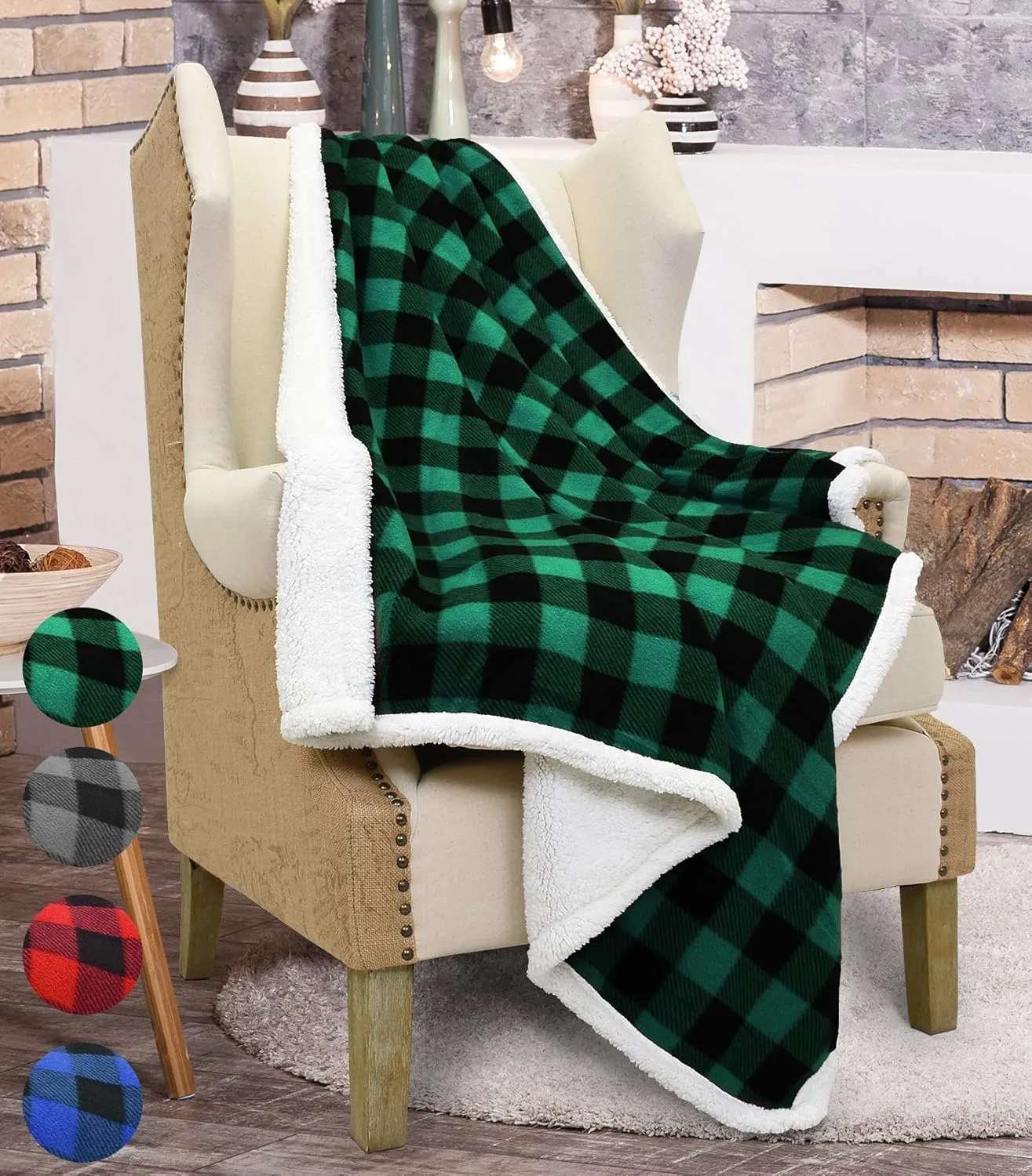 Catalonia Buffalo Plaid Green Sherpa Throw Blanket, Reversible Soft Fuzzy Comfy Snuggly Throws for Couch, 50x60 inches, St. Patrick Gift