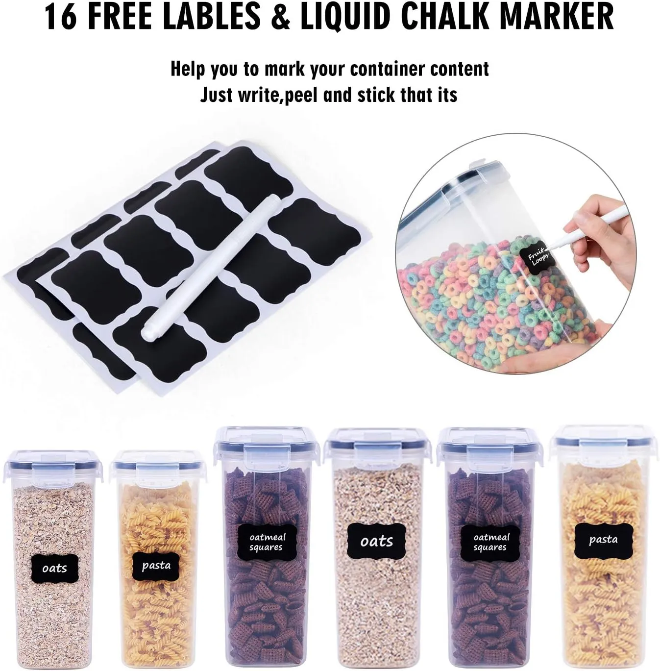 Cereal Containers Storage Set - 6 Piece Airtight Large Dry Cereal Storage Containers(135.2oz), BPA Free Dispenser Plastic Cereal Storage Containers with 16 Labels & Pen