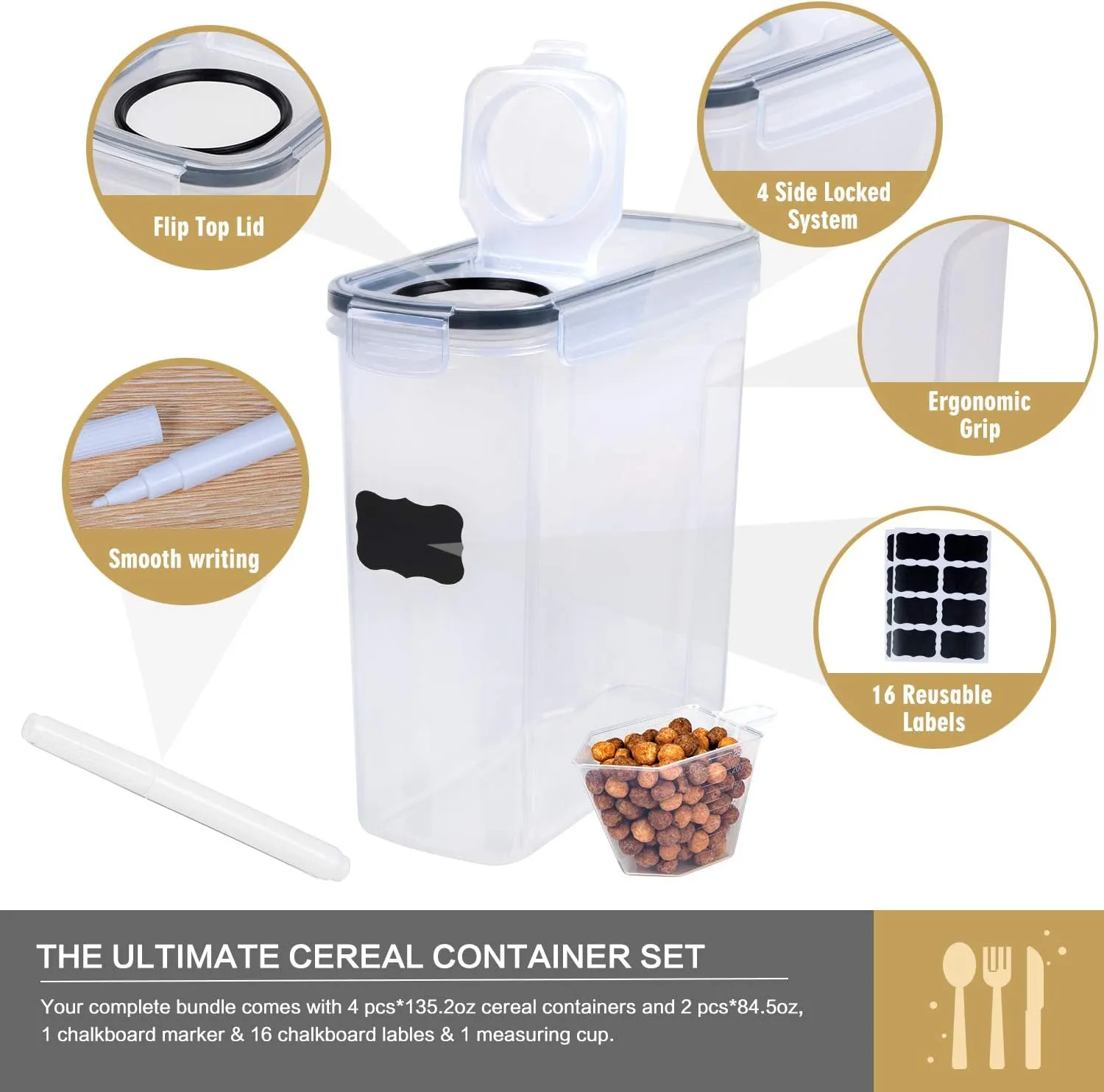 Cereal Containers Storage Set - 6 Piece Airtight Large Dry Cereal Storage Containers(135.2oz), BPA Free Dispenser Plastic Cereal Storage Containers with 16 Labels & Pen