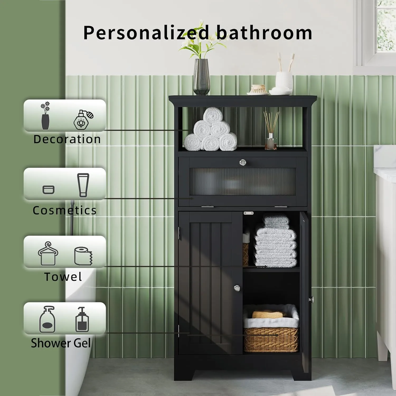 ChooChoo Freestanding Bathroom Cabinet with Flip Glass Drawer, 2 Doors, Adjustable Shelf, Open Storage for Bathroom, Living Room, Hallway, Black