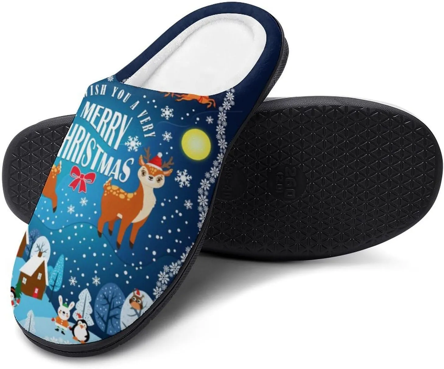 Christmas Slippers For Women Men Cotton House Slippers Hard Sole Comfy Clog Slippers Warm Slip-On Shoes Indoor Outdoor