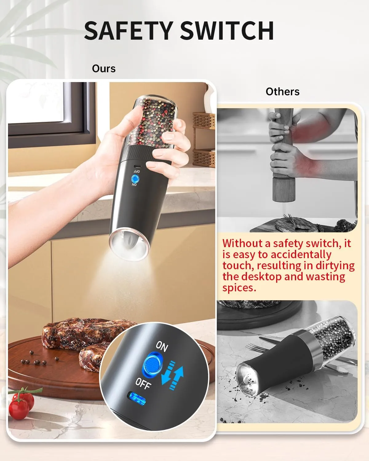 CIRCLE JOY Electric Salt and Pepper Grinder Set Rechargeable Gravity Salt and Pepper Grinder Set, LED Light, Adjustable Coarseness, for Home Kitchen BBQ, Black & White