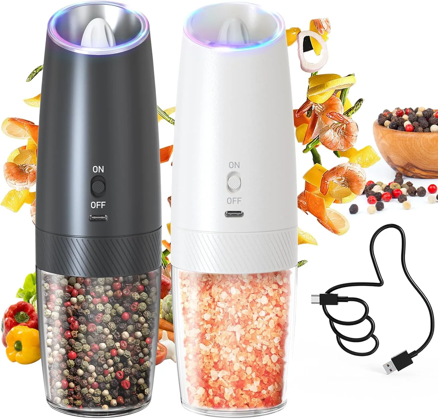 CIRCLE JOY Electric Salt and Pepper Grinder Set Rechargeable Gravity Salt and Pepper Grinder Set, LED Light, Adjustable Coarseness, for Home Kitchen BBQ, Black & White