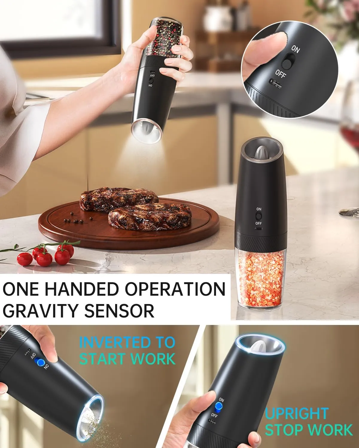 CIRCLE JOY Electric Salt and Pepper Grinder Set Rechargeable Gravity Salt and Pepper Grinder Set, LED Light, Adjustable Coarseness, for Home Kitchen BBQ, Black & White