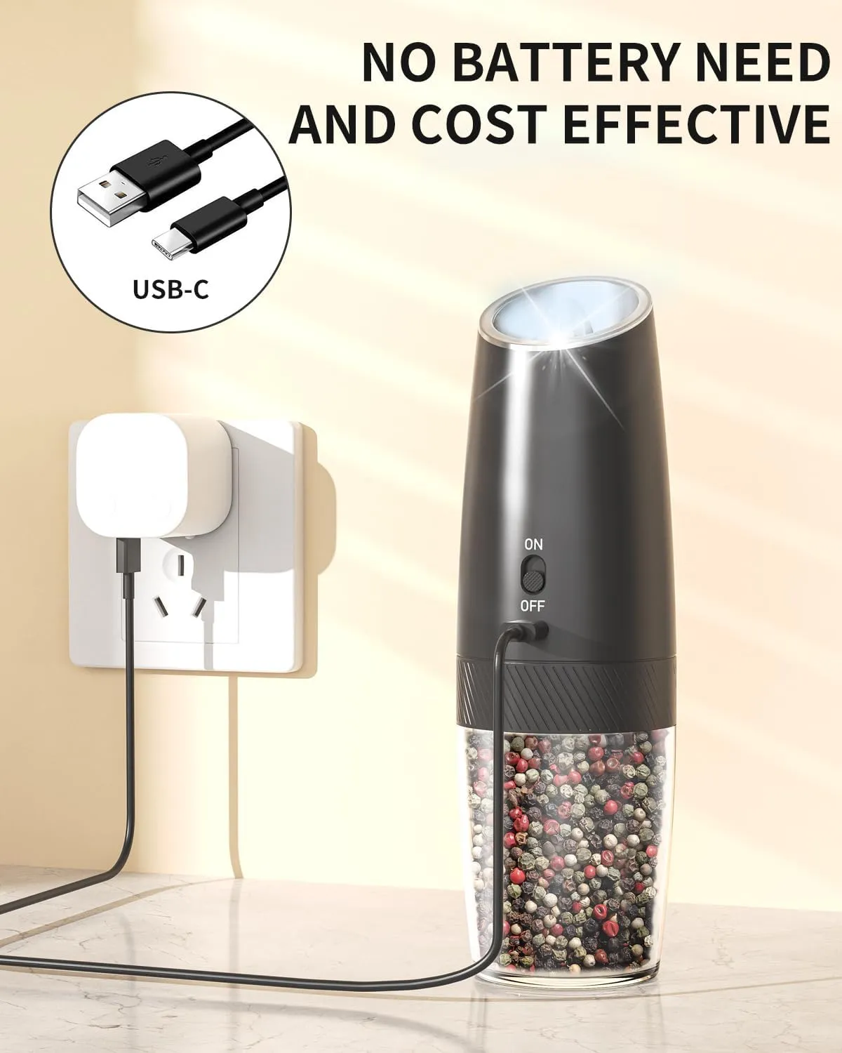 CIRCLE JOY Electric Salt and Pepper Grinder Set Rechargeable Gravity Salt and Pepper Grinder Set, LED Light, Adjustable Coarseness, for Home Kitchen BBQ, Black & White