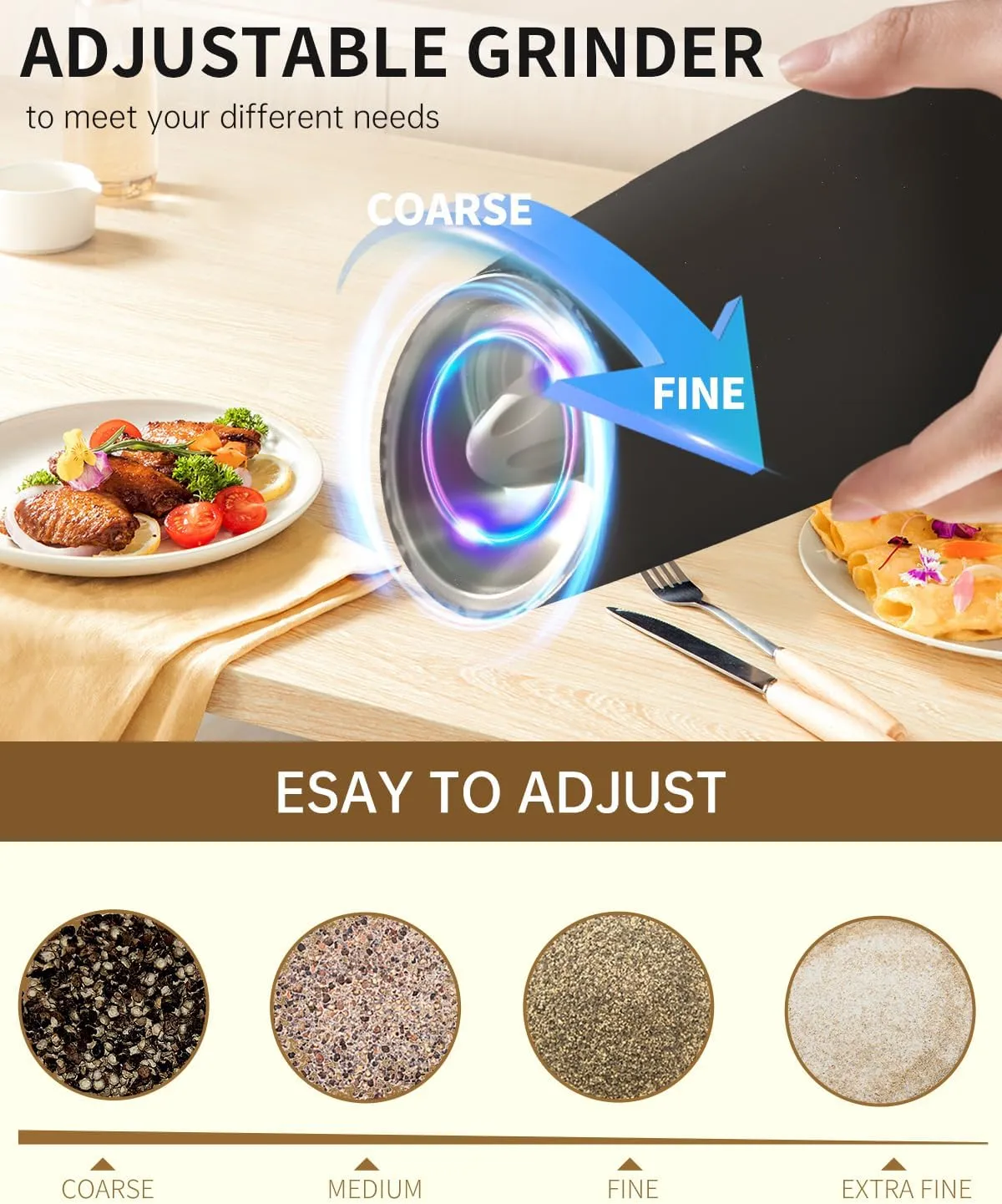 CIRCLE JOY Electric Salt and Pepper Grinder Set Rechargeable Gravity Salt and Pepper Grinder Set, LED Light, Adjustable Coarseness, for Home Kitchen BBQ, Black & White