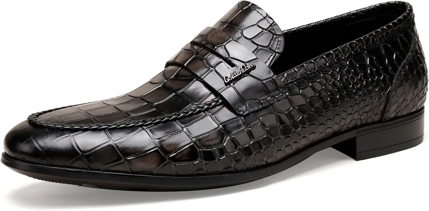 Classic Leather Dress Shoes for Men, Premium Alligator Printed Bussiness Dress Slip on Loafer for Mens