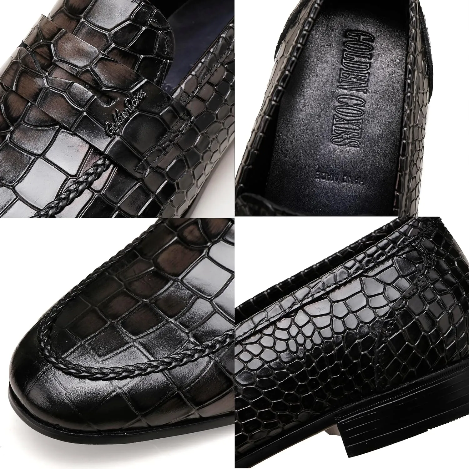 Classic Leather Dress Shoes for Men, Premium Alligator Printed Bussiness Dress Slip on Loafer for Mens