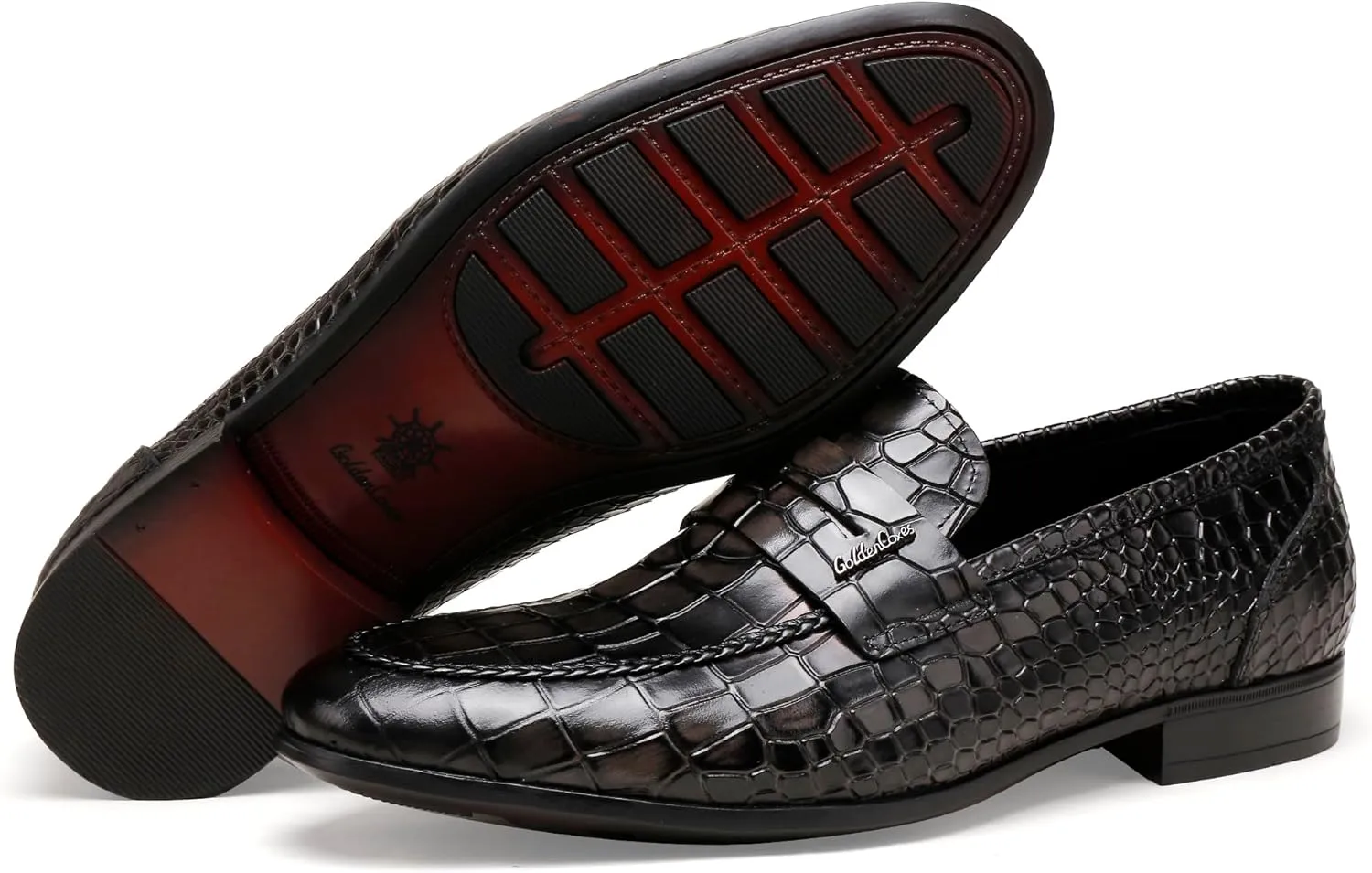 Classic Leather Dress Shoes for Men, Premium Alligator Printed Bussiness Dress Slip on Loafer for Mens