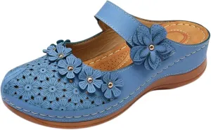 Clogs for Women Mule Sandals Comfortable Summer Flowers Platform Orthopedic Sandals, Round Toe Closed Toe Walking Slippers Hollow Out Breathable Ankle Strap Walking Shoes