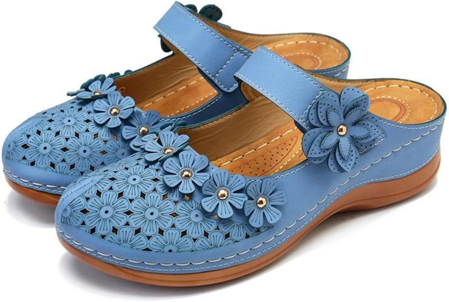 Clogs for Women Mule Sandals Comfortable Summer Flowers Platform Orthopedic Sandals, Round Toe Closed Toe Walking Slippers Hollow Out Breathable Ankle Strap Walking Shoes