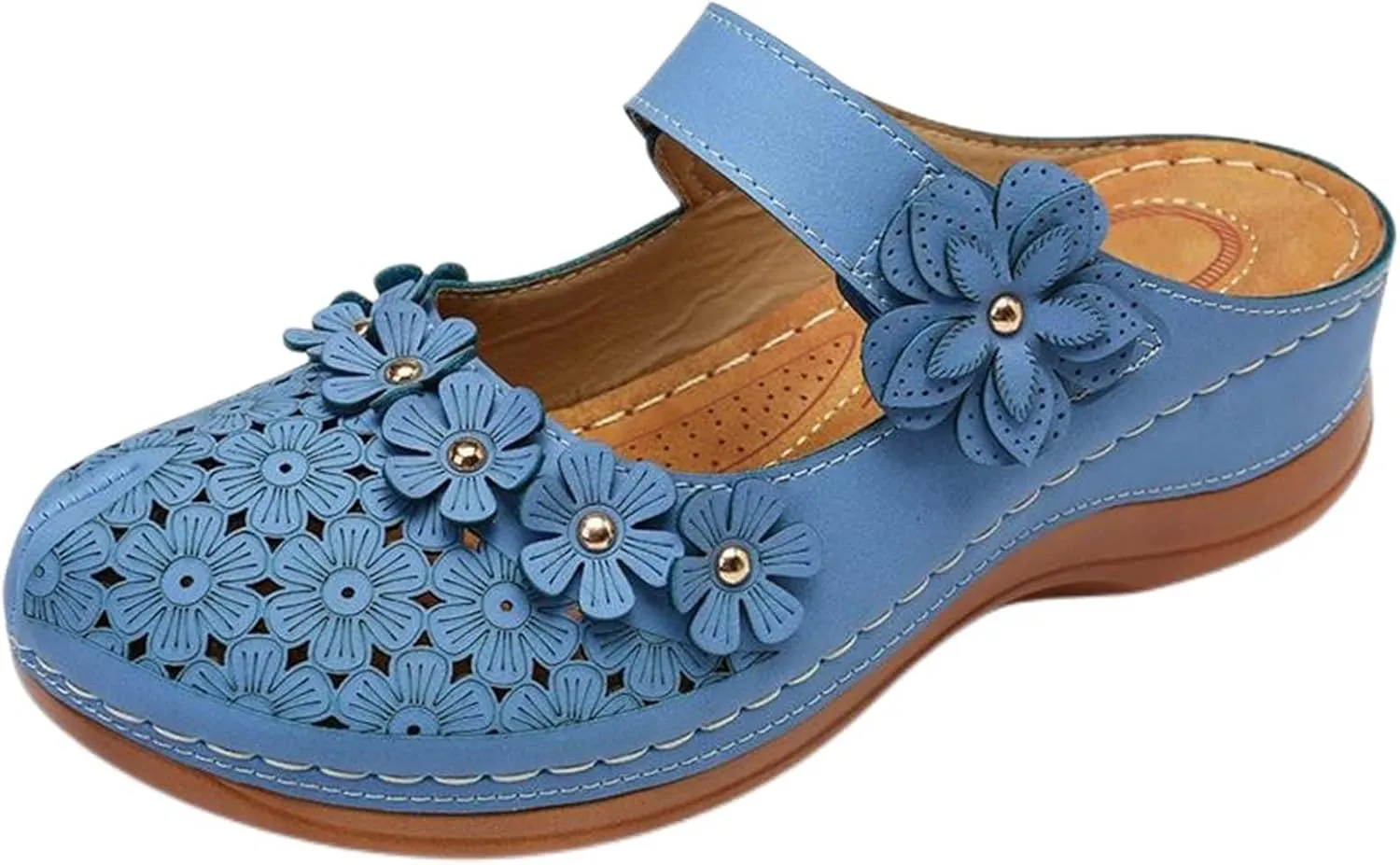 Clogs for Women Mule Sandals Comfortable Summer Flowers Platform Orthopedic Sandals, Round Toe Closed Toe Walking Slippers Hollow Out Breathable Ankle Strap Walking Shoes