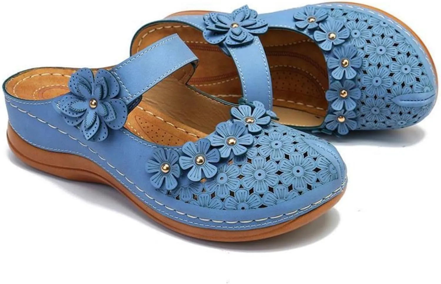 Clogs for Women Mule Sandals Comfortable Summer Flowers Platform Orthopedic Sandals, Round Toe Closed Toe Walking Slippers Hollow Out Breathable Ankle Strap Walking Shoes