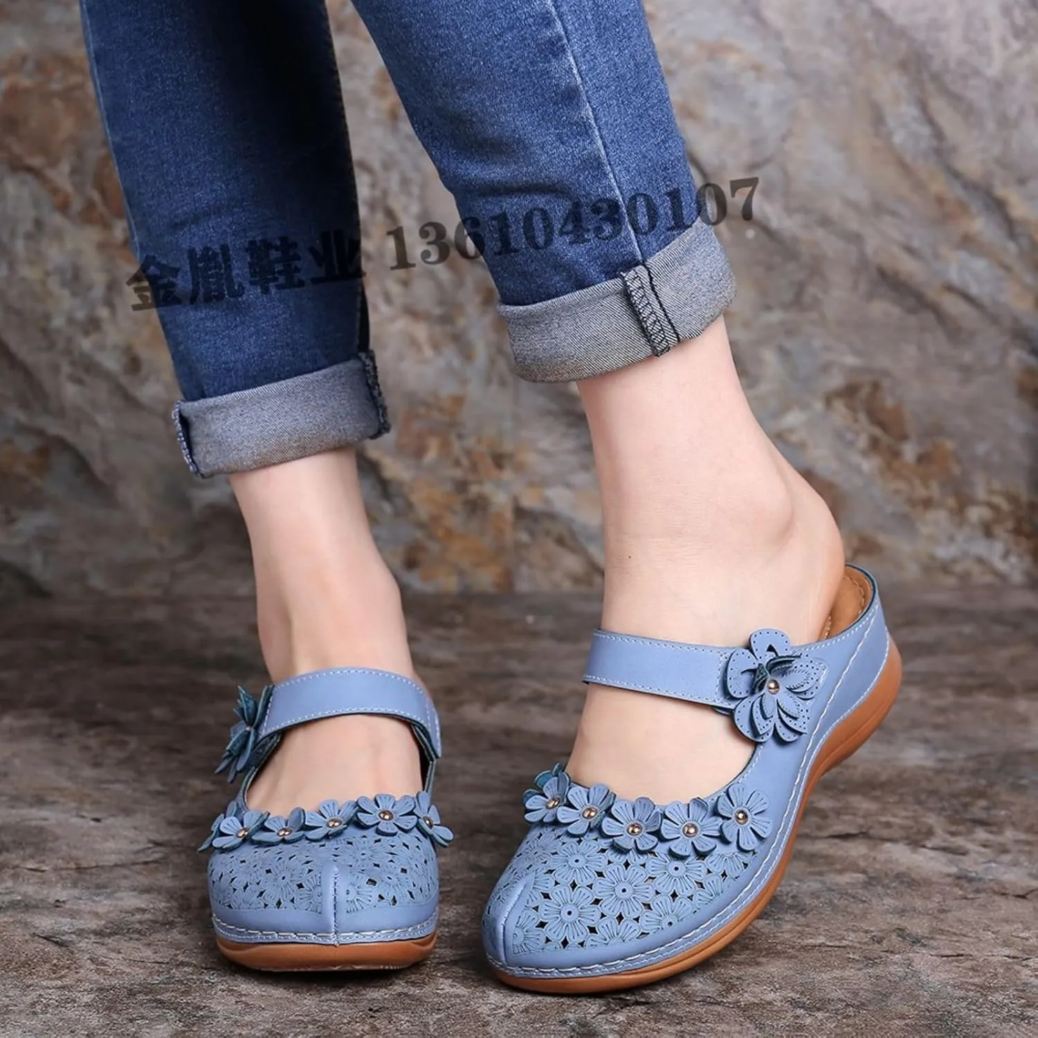 Clogs for Women Mule Sandals Comfortable Summer Flowers Platform Orthopedic Sandals, Round Toe Closed Toe Walking Slippers Hollow Out Breathable Ankle Strap Walking Shoes