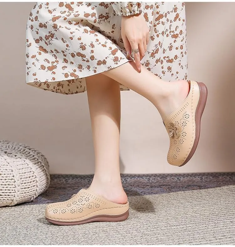 Clogs for Women Slip on Mules with Floret Closed Toe Sandals, Summer Shoes, Comfortable Walking Wedge Clogs (Beige,8.5)