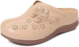 Clogs for Women Slip on Mules with Floret Closed Toe Sandals, Summer Shoes, Comfortable Walking Wedge Clogs (Beige,8.5)