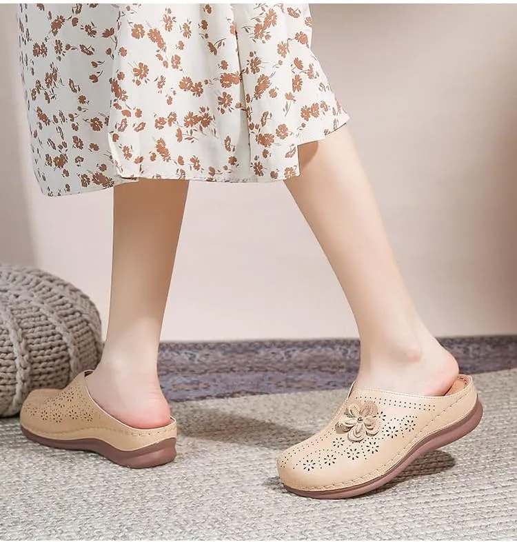 Clogs for Women Slip on Mules with Floret Closed Toe Sandals, Summer Shoes, Comfortable Walking Wedge Clogs (Beige,8.5)