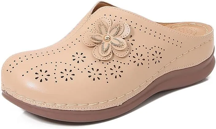 Clogs for Women Slip on Mules with Floret Closed Toe Sandals, Summer Shoes, Comfortable Walking Wedge Clogs (Beige,8.5)