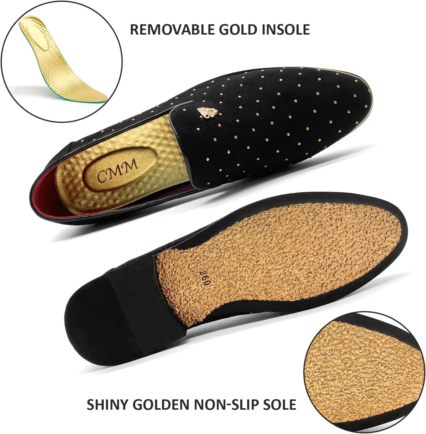 CMM Men's Pointed Toe Rivet Dress Shoes Glitter Modern Metallic Slip On Loafers Plus Size