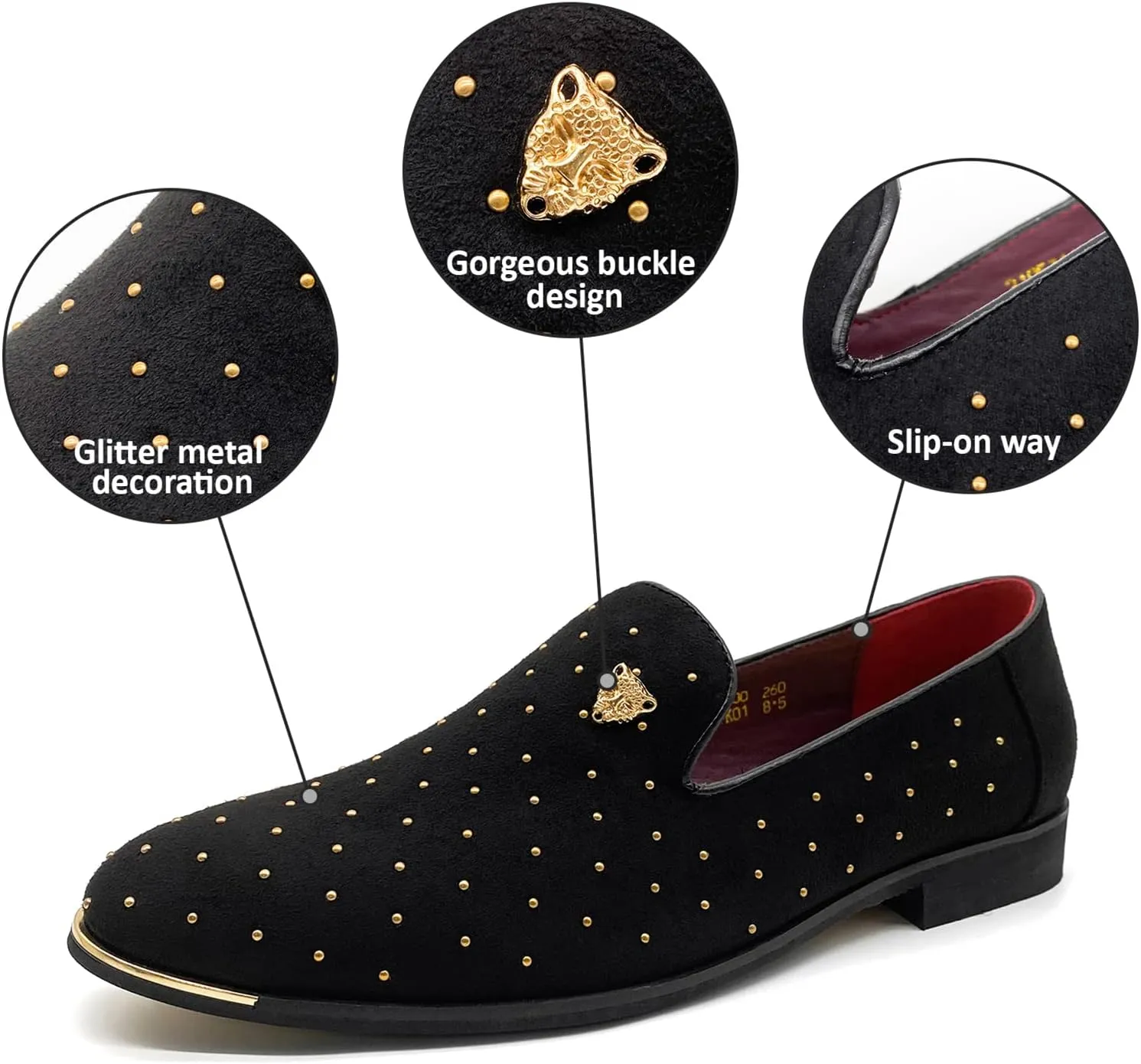 CMM Men's Pointed Toe Rivet Dress Shoes Glitter Modern Metallic Slip On Loafers Plus Size