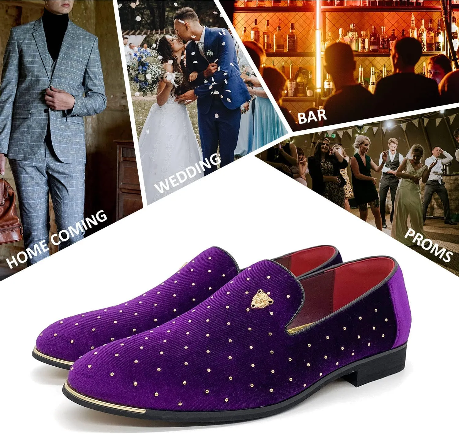 CMM Men's Pointed Toe Rivet Dress Shoes Glitter Modern Metallic Slip On Loafers Plus Size