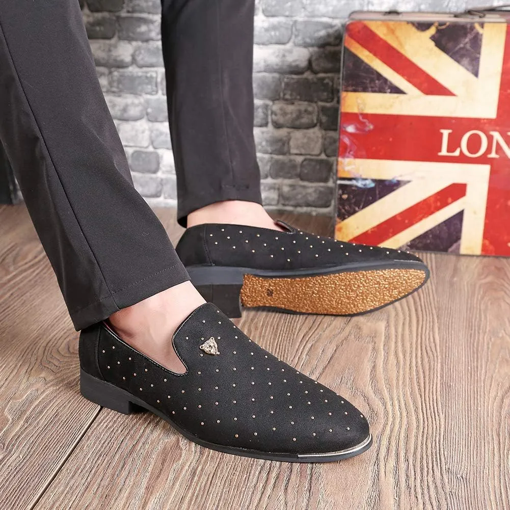CMM Men's Pointed Toe Rivet Dress Shoes Glitter Modern Metallic Slip On Loafers Plus Size