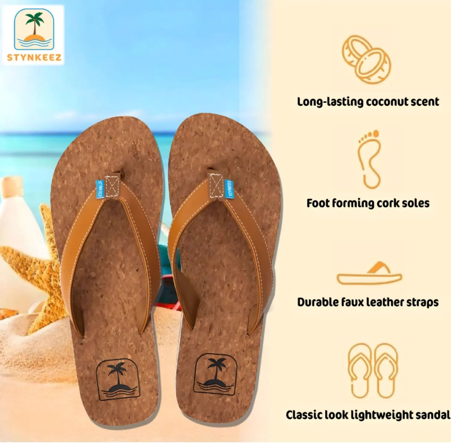 Coconut Infused Unisex Sandals – Ultra Soft Cushion Footbed with Arch Support, Faux Leather Straps, Coconut Scent Soles, Sandals for Beach & Casual Wear | Foot Forming Comfort Cork