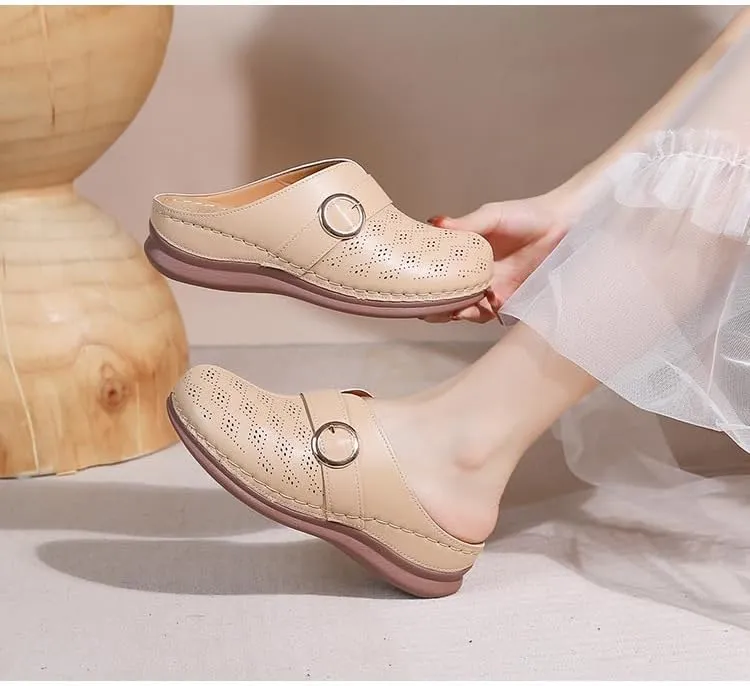 Comfortable Walking Wedge Clogs for Women Slip on Mules with Buckle Closed Toe Sandals, Summer Casual Shoes (Beige,7.5-8)