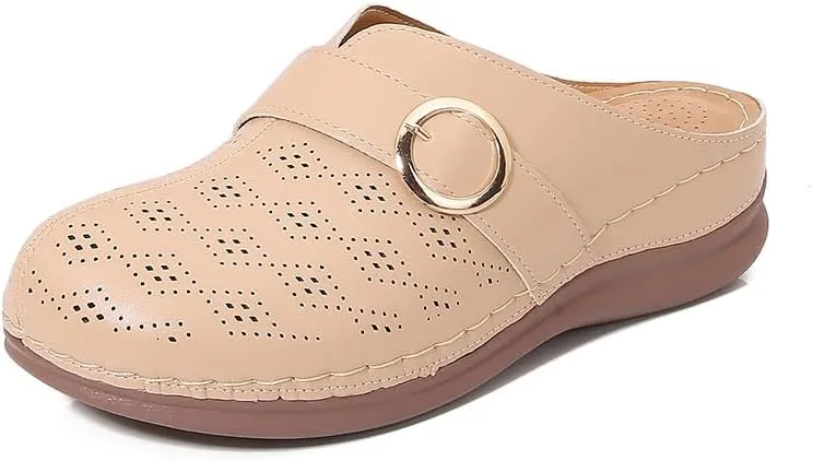 Comfortable Walking Wedge Clogs for Women Slip on Mules with Buckle Closed Toe Sandals, Summer Casual Shoes (Beige,7.5-8)