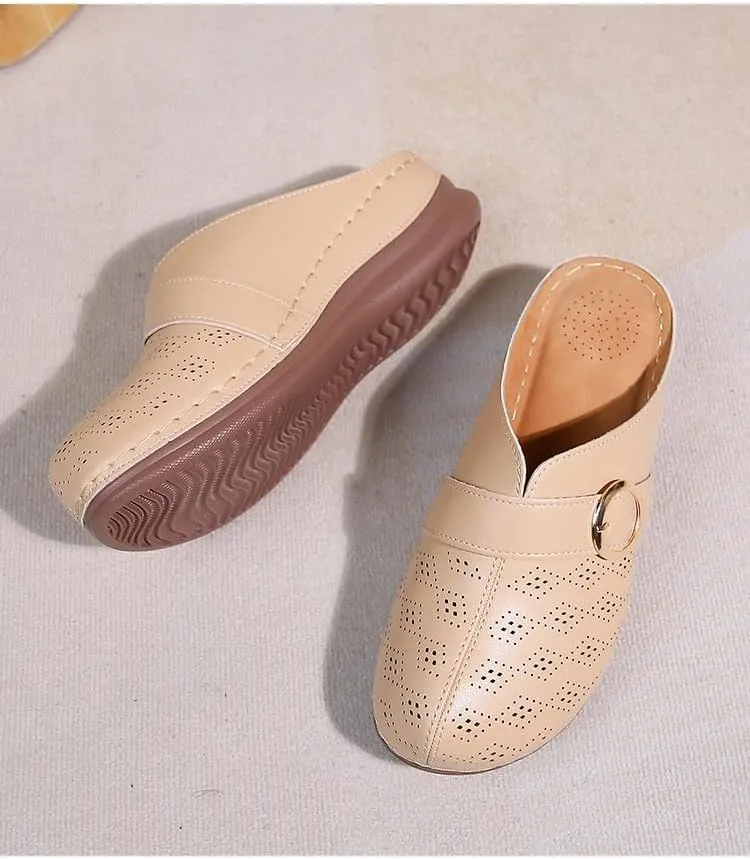 Comfortable Walking Wedge Clogs for Women Slip on Mules with Buckle Closed Toe Sandals, Summer Casual Shoes (Beige,7.5-8)