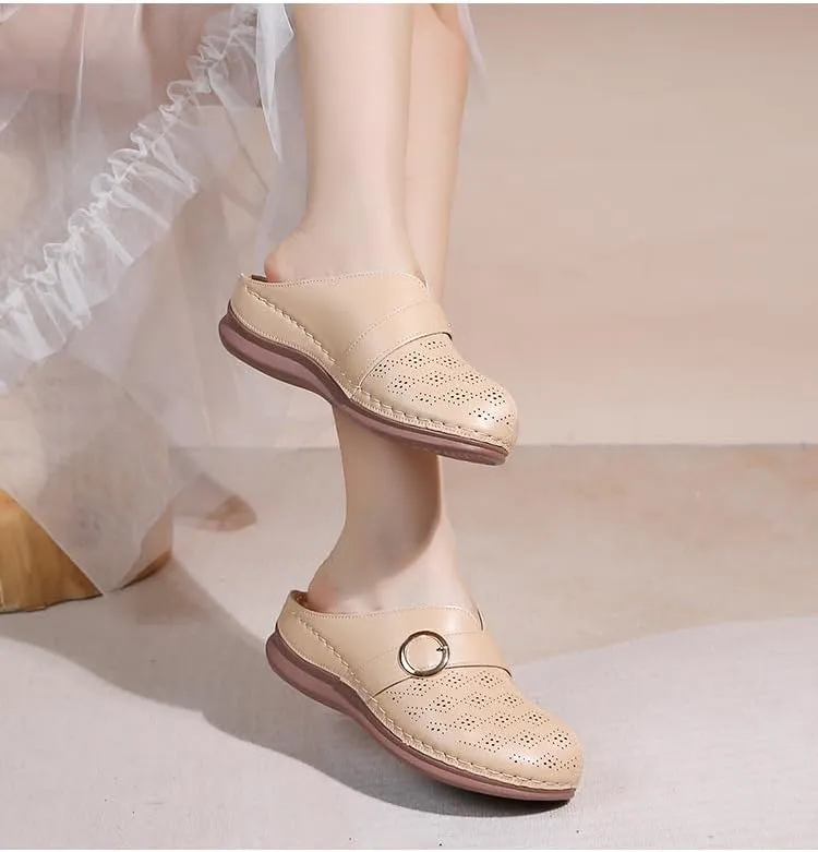 Comfortable Walking Wedge Clogs for Women Slip on Mules with Buckle Closed Toe Sandals, Summer Casual Shoes (Beige,7.5-8)