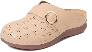 Comfortable Walking Wedge Clogs for Women Slip on Mules with Buckle Closed Toe Sandals, Summer Casual Shoes (Beige,7.5-8)