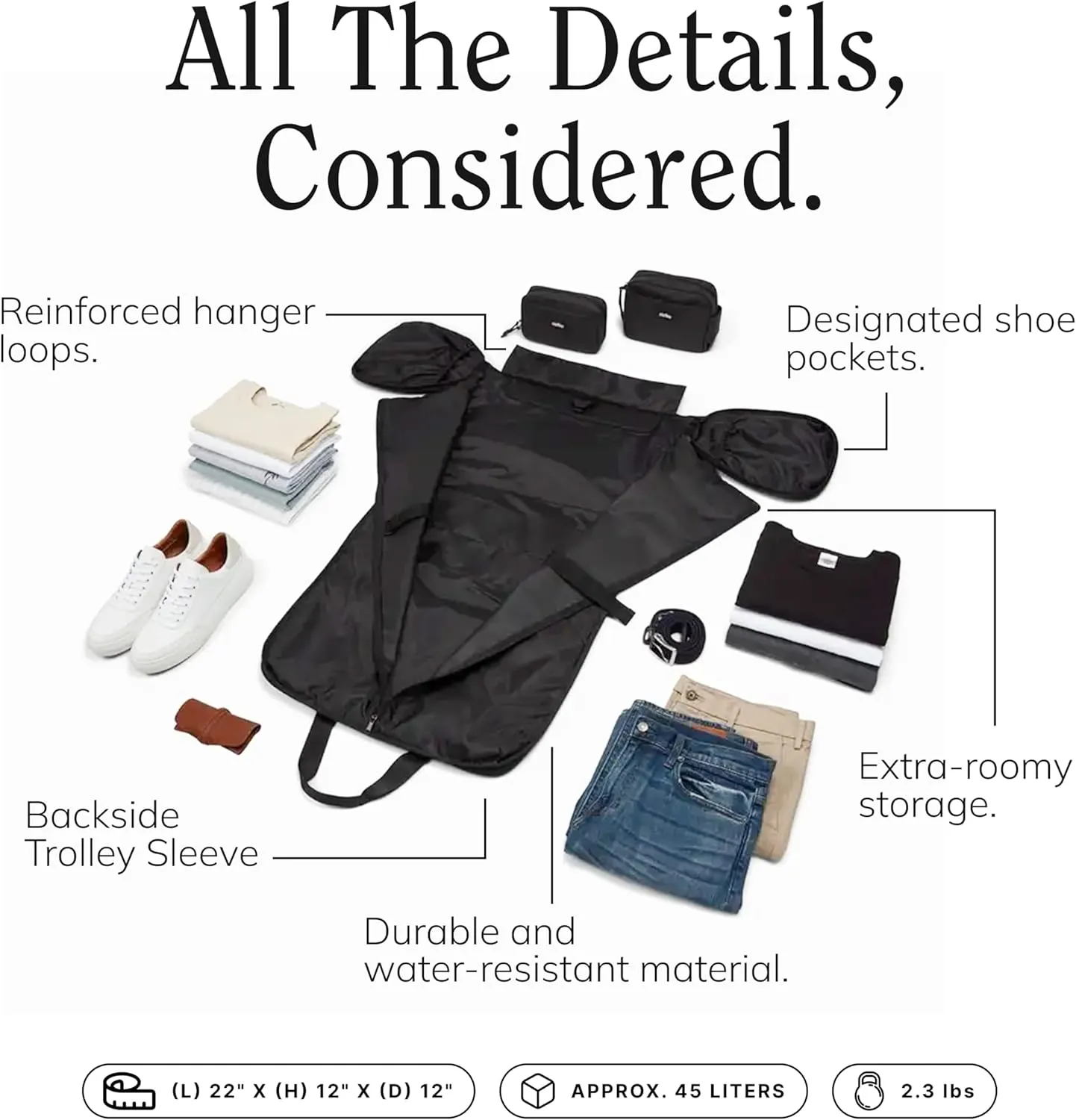 Convertible Garment Duffel Bag 45L – 2-in-1 Carry-On Suit Travel Bag with Wrinkle-Free Hanging Compartment, Shoe Pockets & Trolley Sleeve – Weekender for Business Trips, Weddings & Getaways – Shadow