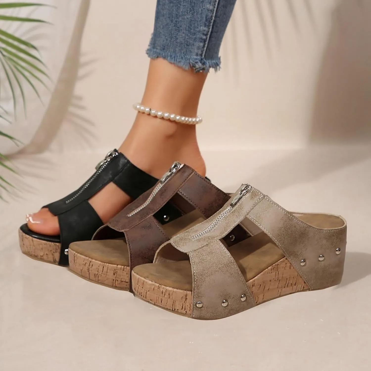 Cork Wedges for Women Front Zipper Orthopedic Sandals with Arch Support Open Toe Slip On Beach Slides Leather Dressy Summer Slipper