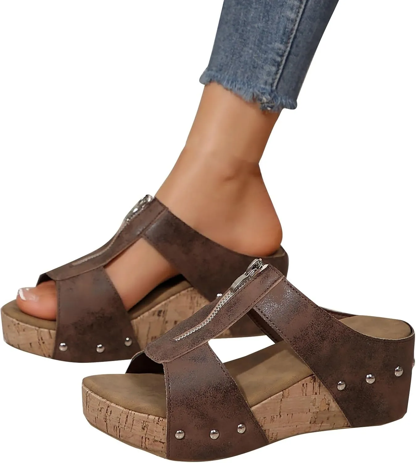 Cork Wedges for Women Front Zipper Orthopedic Sandals with Arch Support Open Toe Slip On Beach Slides Leather Dressy Summer Slipper