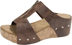 Cork Wedges for Women Front Zipper Orthopedic Sandals with Arch Support Open Toe Slip On Beach Slides Leather Dressy Summer Slipper
