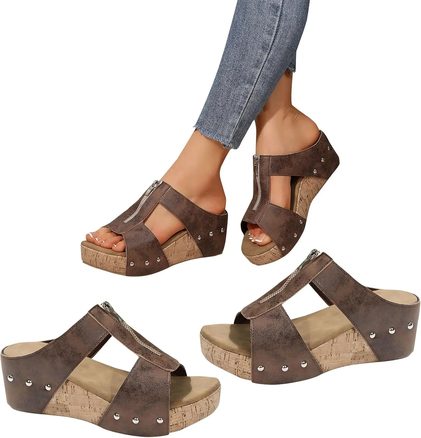 Cork Wedges for Women Front Zipper Orthopedic Sandals with Arch Support Open Toe Slip On Beach Slides Leather Dressy Summer Slipper