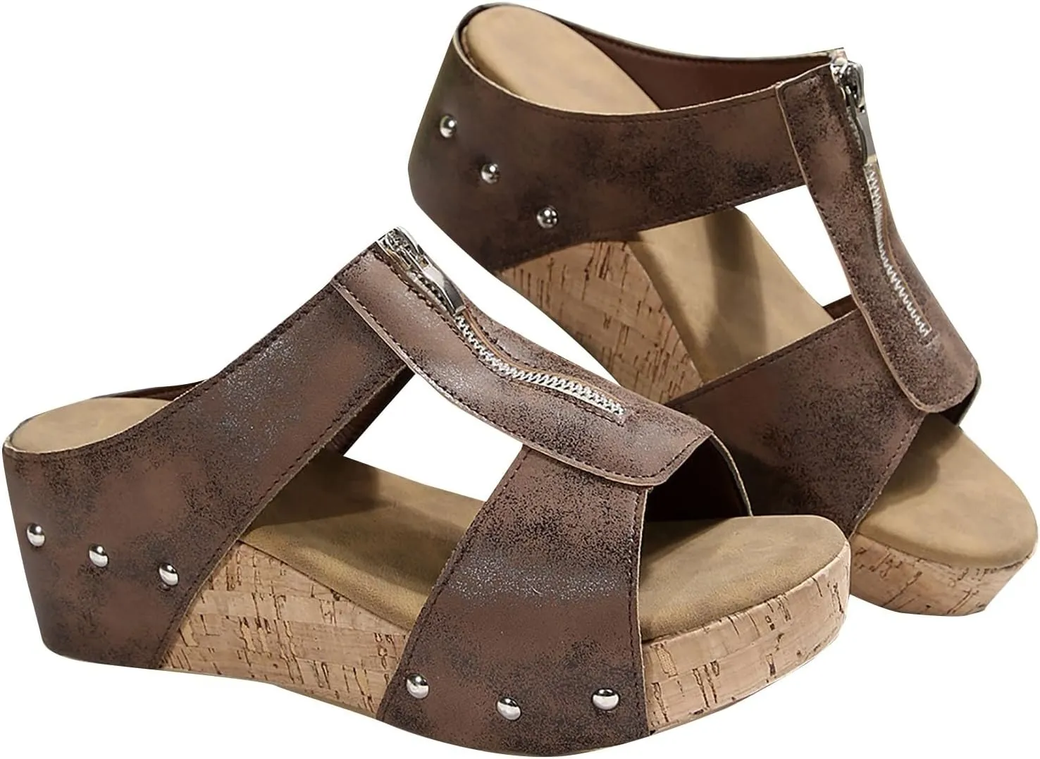 Cork Wedges for Women Front Zipper Orthopedic Sandals with Arch Support Open Toe Slip On Beach Slides Leather Dressy Summer Slipper