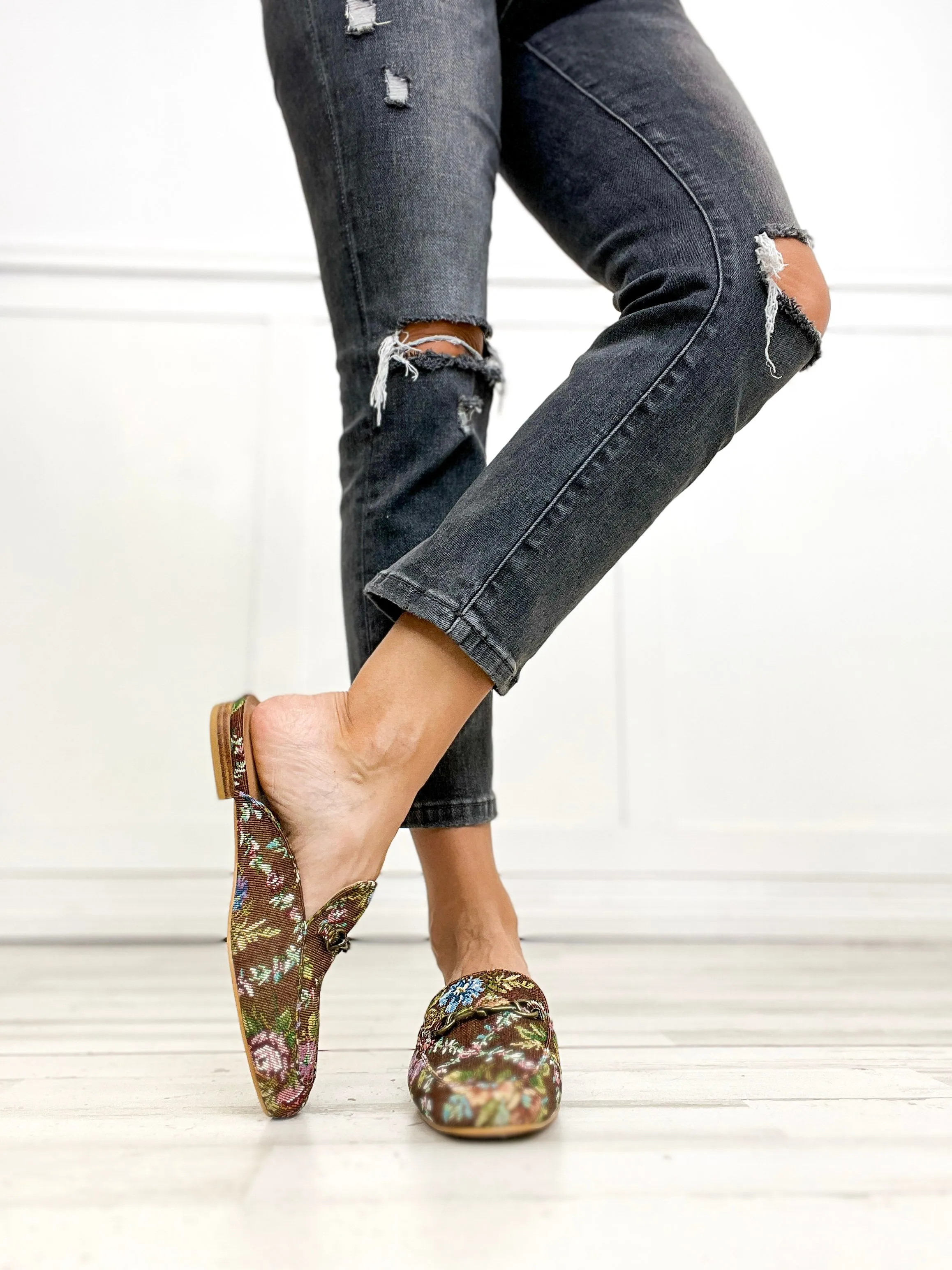Corkys Charmer Loafer Slides in RUST BROCADE FLORAL