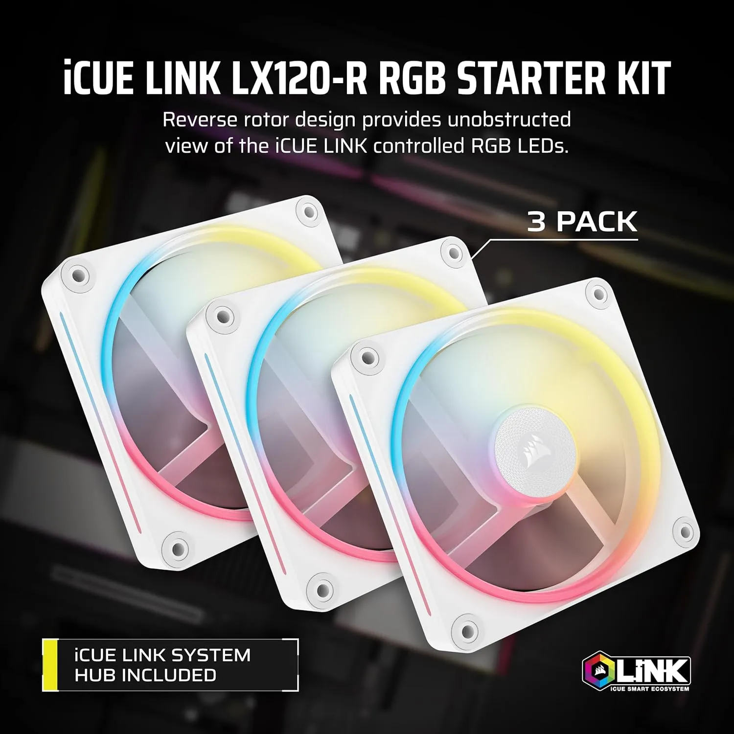 CORSAIR iCUE Link LX120-R RGB 120mm PWM Reverse Fans – Triple Fan Kit – Low-Noise, Magnetic Dome Bearing, Dual Light Loops, CORSAIR QuikTurn Screws, Zero RPM Mode – White
