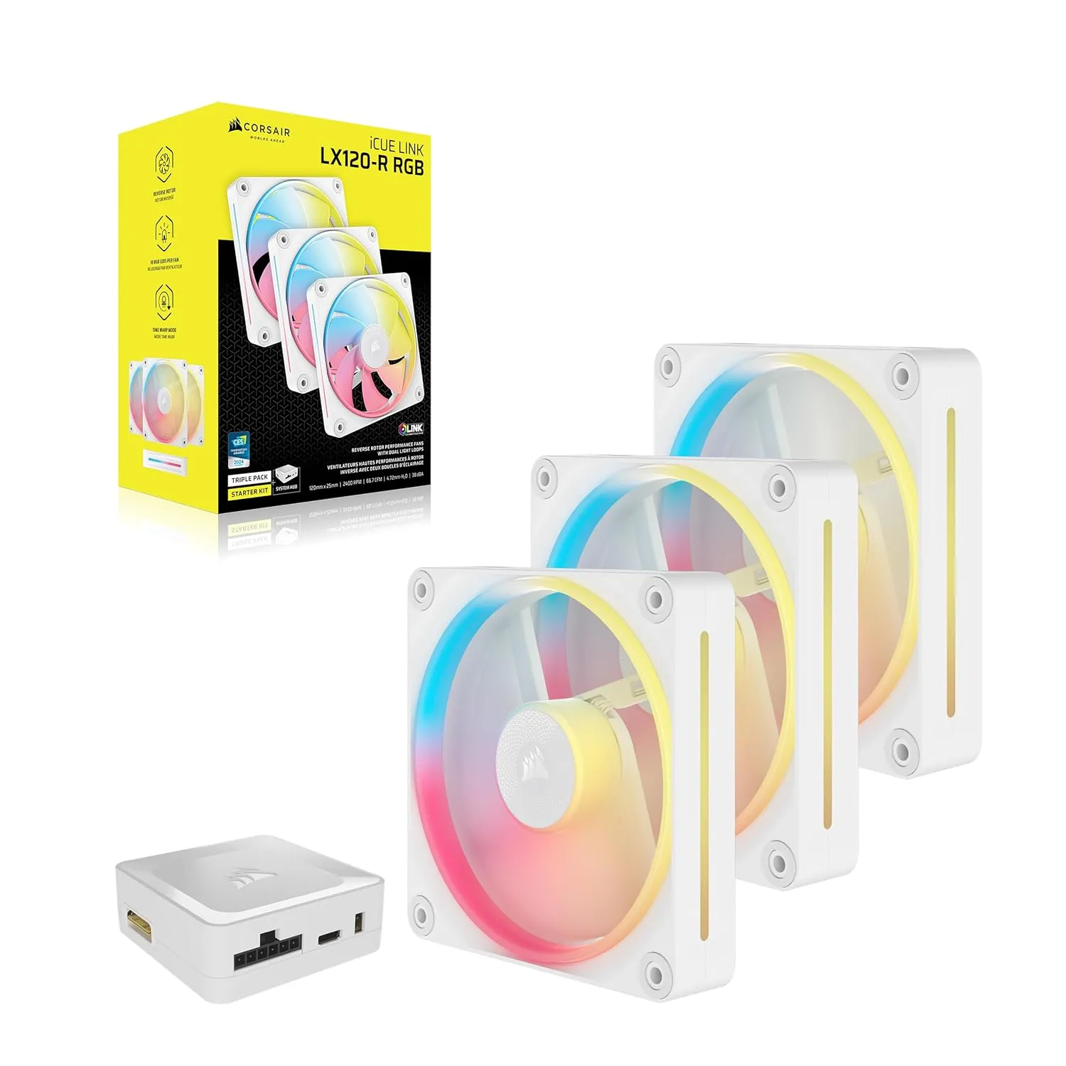 CORSAIR iCUE Link LX120-R RGB 120mm PWM Reverse Fans – Triple Fan Kit – Low-Noise, Magnetic Dome Bearing, Dual Light Loops, CORSAIR QuikTurn Screws, Zero RPM Mode – White