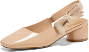 Coutgo Women's Slingback Chunky Heels Bow Closed Square Toe Slip On Work Pumps Dress Shoes