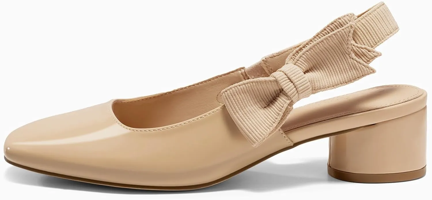 Coutgo Women's Slingback Chunky Heels Bow Closed Square Toe Slip On Work Pumps Dress Shoes