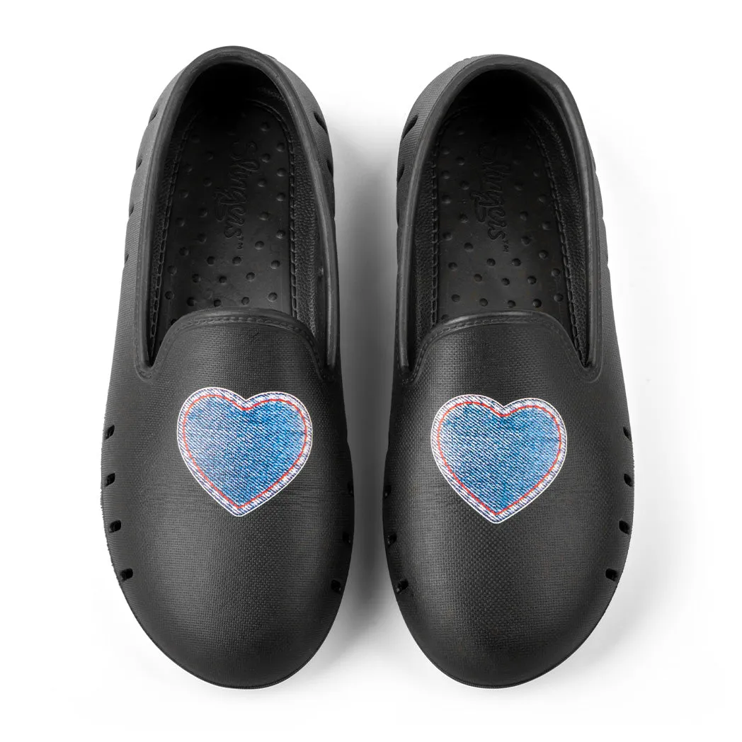 Cruise Loafer Kids - Black Denim Heart print / Waterproof